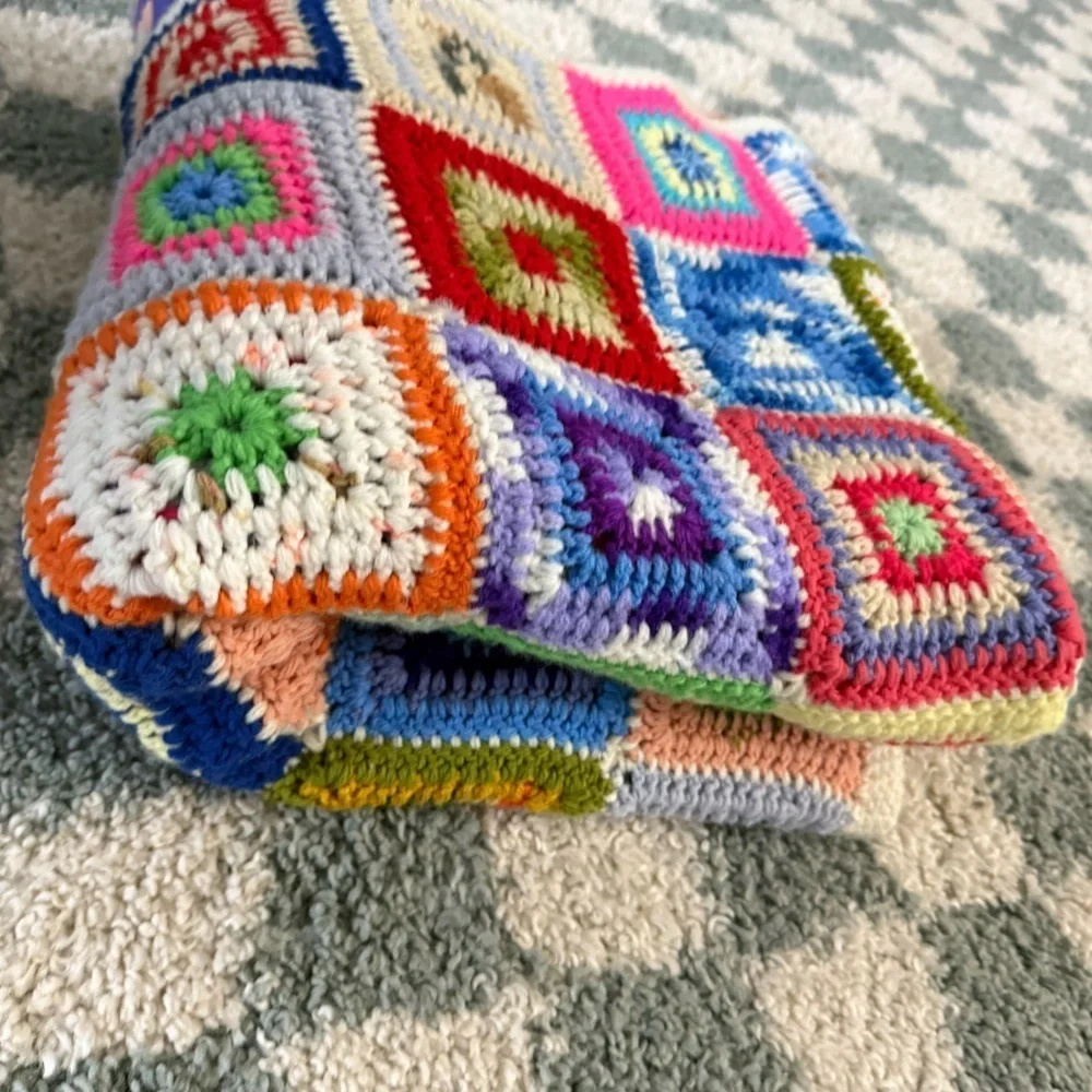 VTG Granny Square Blanket Afghan Crochet Hand Made Patchwork Multi Color Amish